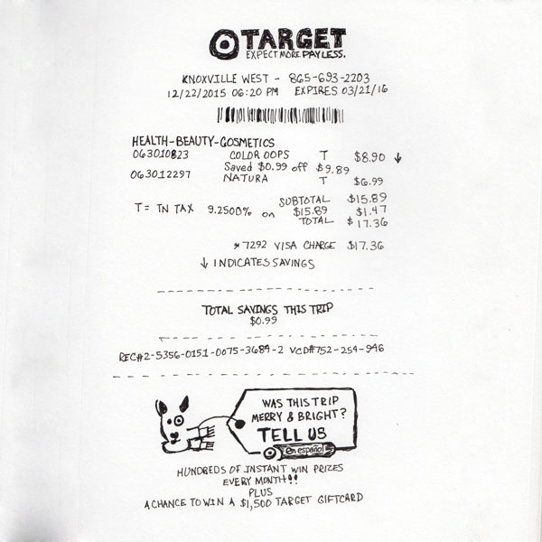 Drawing of a receipt for Color Oops from Target.